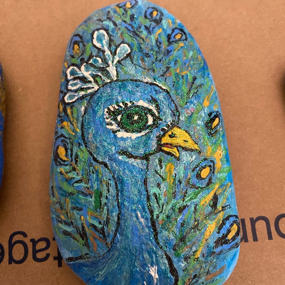 Hand-Painted Blue Peacock Stone for Bird Lovers